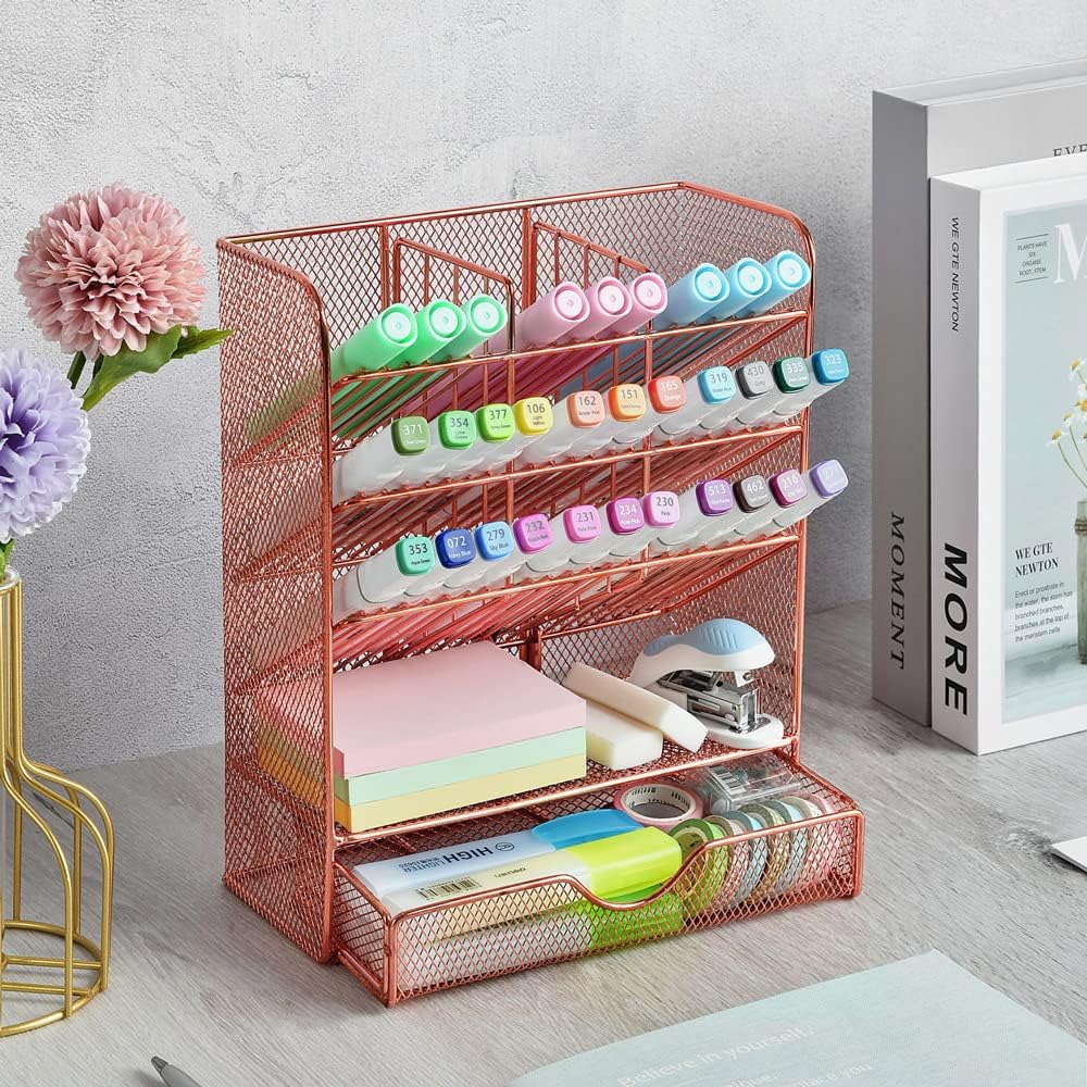 Spacrea Metal Pen Organizer, Pencil Holder for Desk, Desk Organizer with Drawer for School, Home, Art Supplies (Black) - Image 5